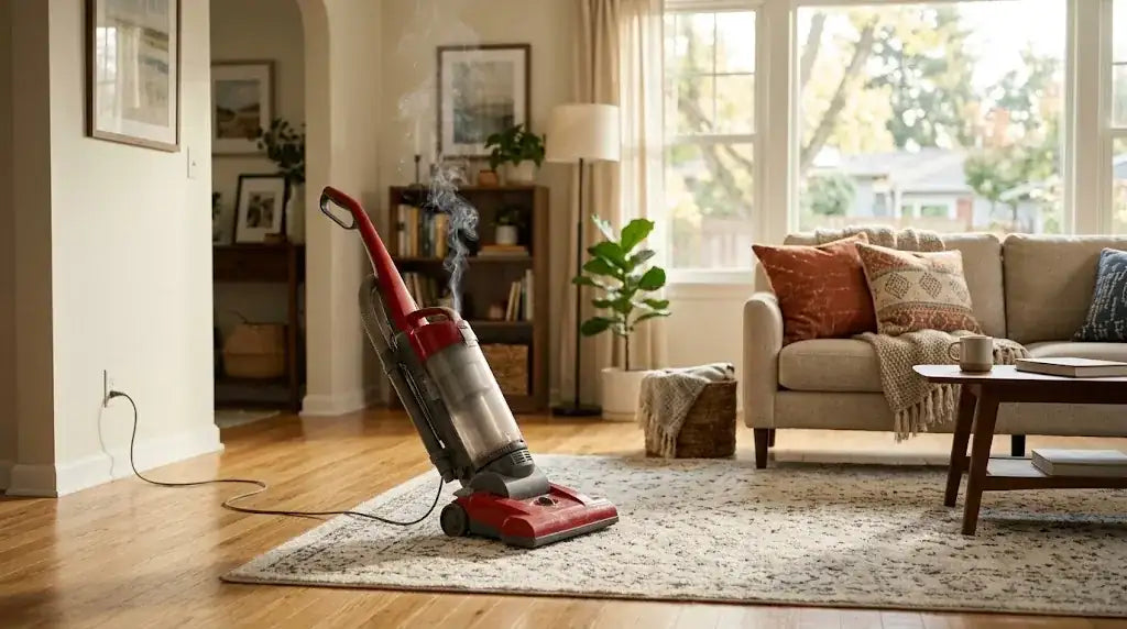 A household vacuum that has stopped working mid-job in a living room, with smoke rising from its motor housing.