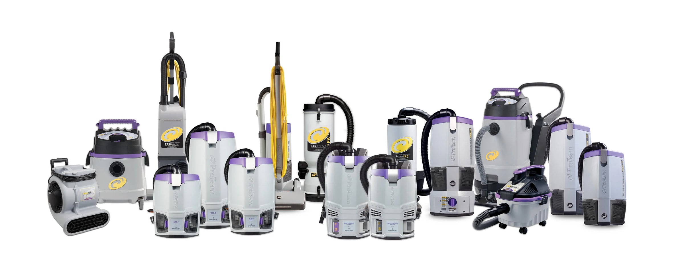 The ProTeam equipment line: air movers, wet/dry canisters, uprights and backpack vacuums.