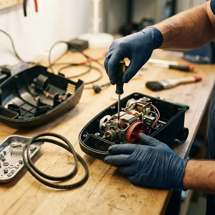A technician's hands working on an opened vacuum motor housing at a workbench.