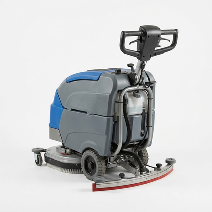 A commercial walk-behind floor scrubber.