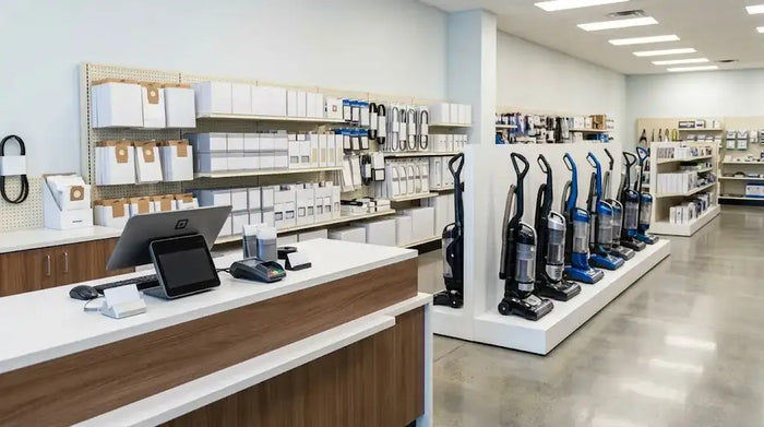The inside of the shop: a service counter with shelves of vacuum bags, belts, hoses and filters behind it.