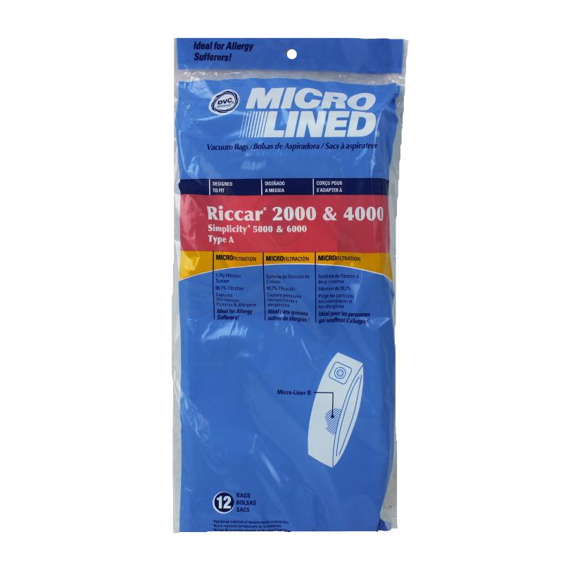 Riccar Replacement Type A 2000/4000 Series Microlined Vacuum Bags, 12pk